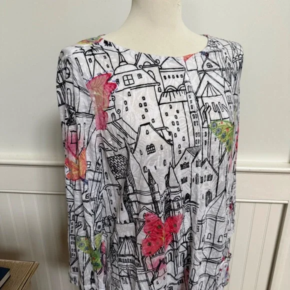 Ali Miles Womens L Tunic Top Butterfly Cityscape Print 3/4 Sleeve Art to Wear - Picture 3 of 8